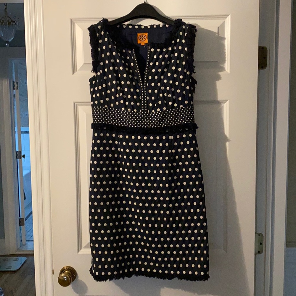 Tory Burch rare polka dot navy dress with fringe size 8